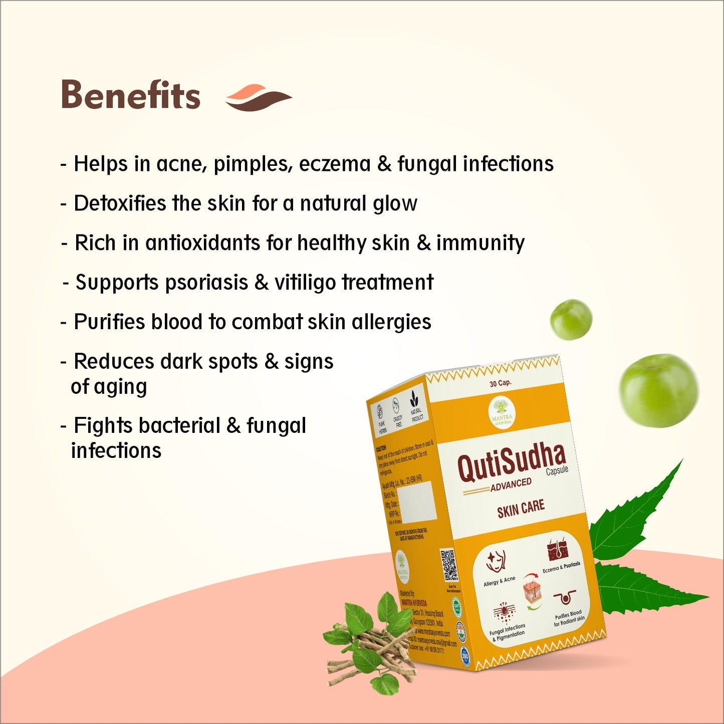 Mantra Ayurveda Qutisudha Capsule | Ayurvedic Skin Care Supplement for Acne, Eczema, Psoriasis & Glowing Skin | 30 Capsules