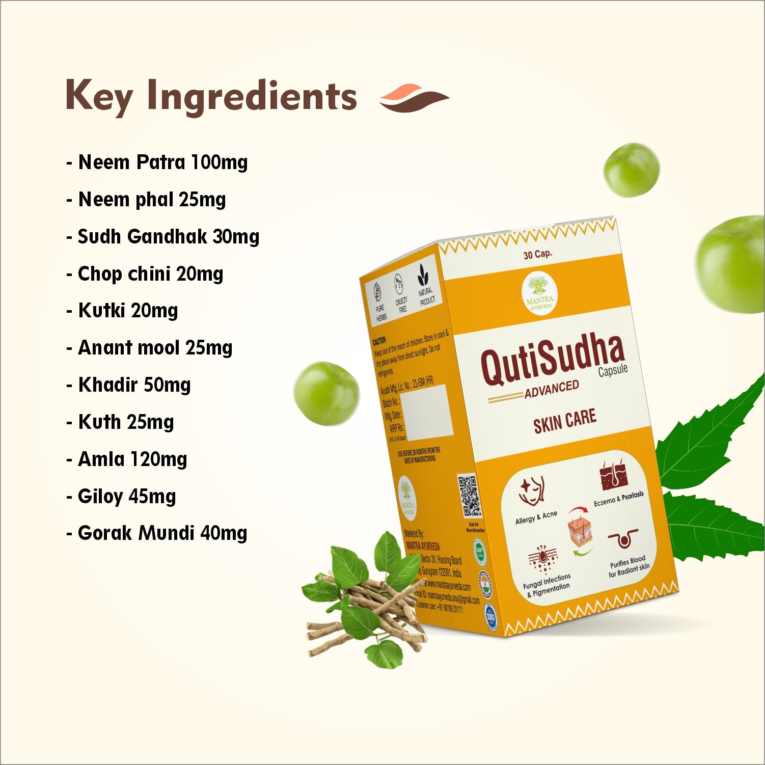 Mantra Ayurveda Qutisudha Capsule | Ayurvedic Skin Care Supplement for Acne, Eczema, Psoriasis & Glowing Skin | 30 Capsules