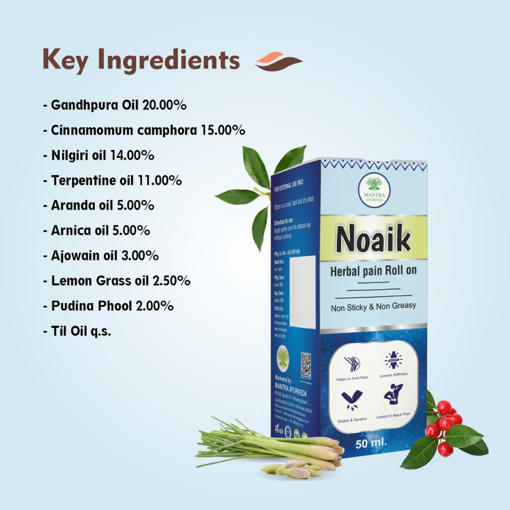 Noaik Herbal Pain Roll-On by Mantra Ayurveda – Ayurvedic Oil for Joint, Back & Muscle Pain Relief – Non-Sticky – 50ml
